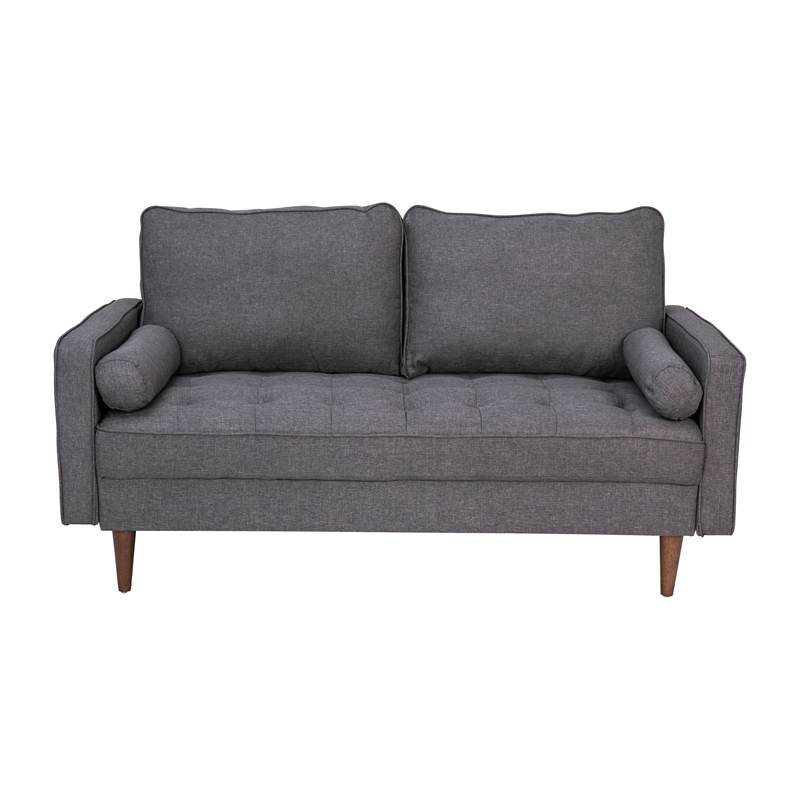 Compact Dark Gray Faux Linen Upholstered Tufted Loveseat with Wooden Legs