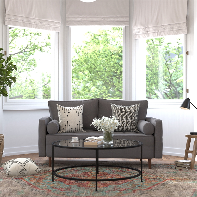 Compact Dark Gray Faux Linen Upholstered Tufted Loveseat with Wooden Legs
