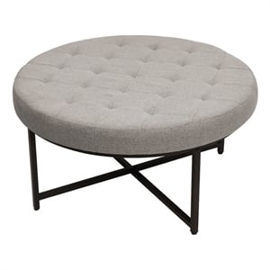 Round Cotton Linen Tufted Ottoman with Black Metal Frame in Gray