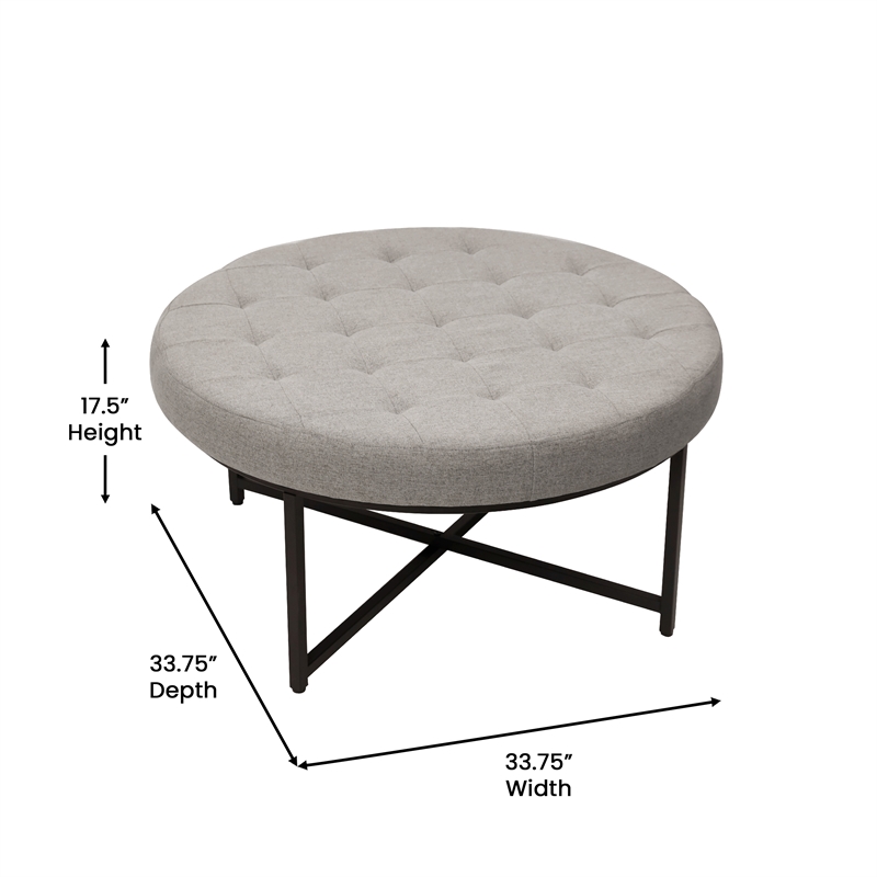 Round Cotton Linen Tufted Ottoman with Black Metal Frame in Gray