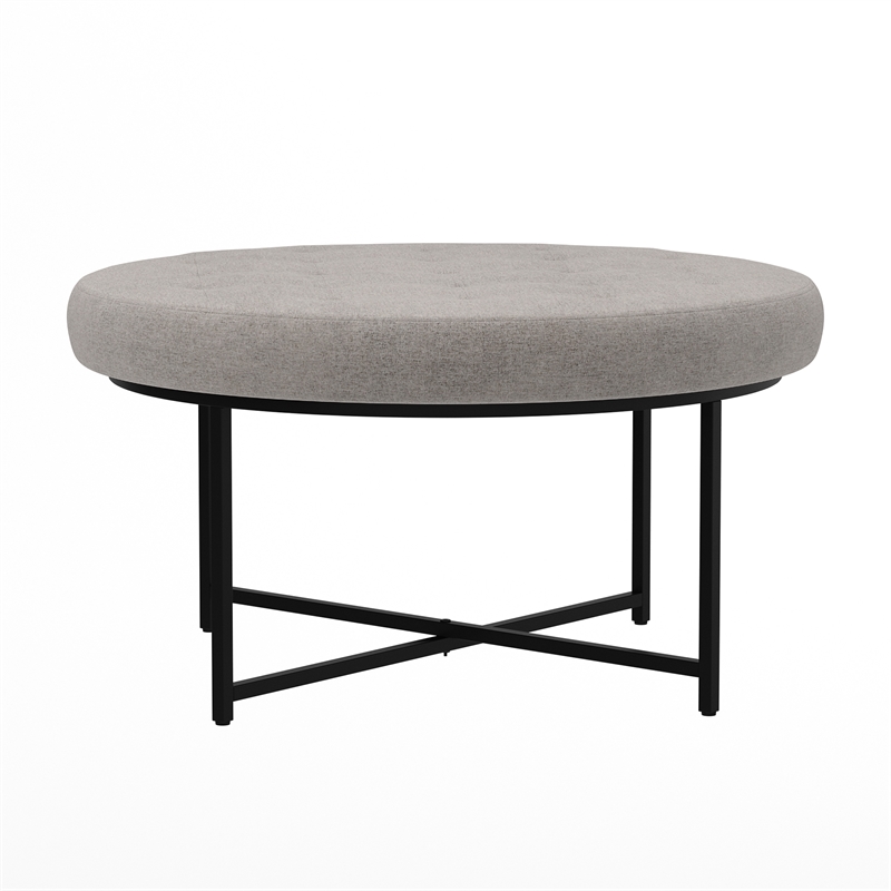 Round Cotton Linen Tufted Ottoman with Black Metal Frame in Gray
