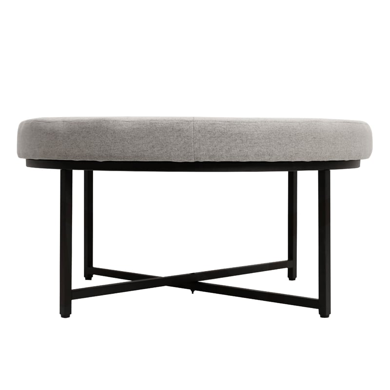 Round Cotton Linen Tufted Ottoman with Black Metal Frame in Gray