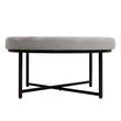Round Cotton Linen Tufted Ottoman with Black Metal Frame in Gray