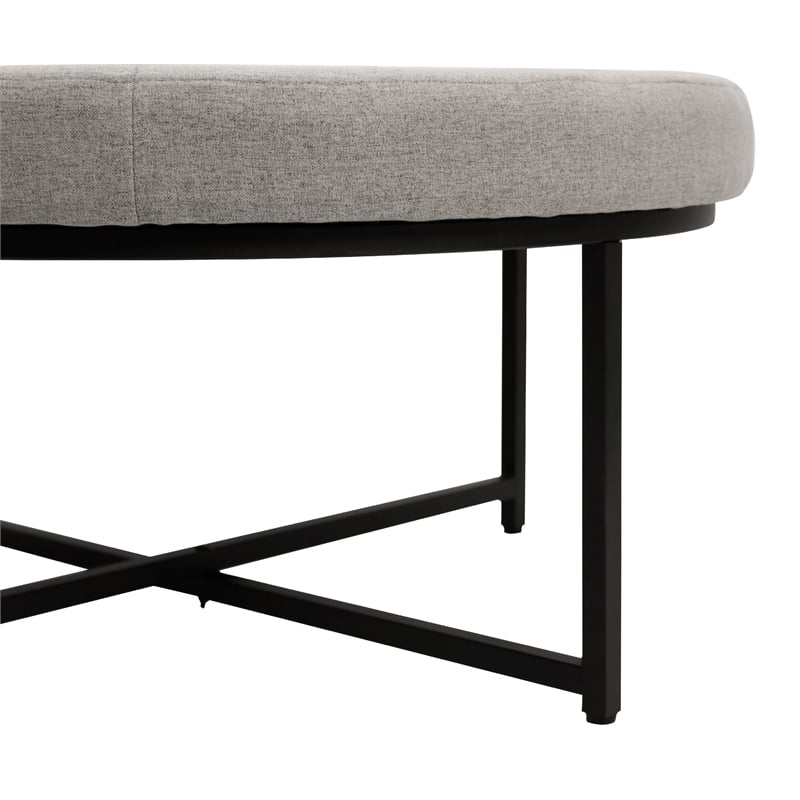 Round Cotton Linen Tufted Ottoman with Black Metal Frame in Gray