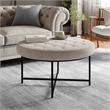 Round Cotton Linen Tufted Ottoman with Black Metal Frame in Gray