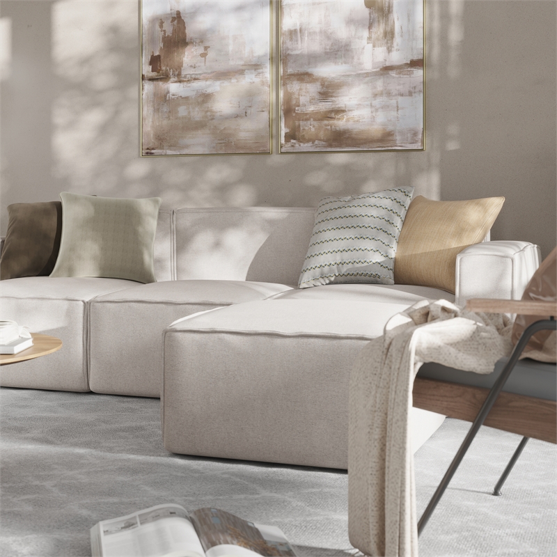Contemporary 4 Piece Modular Sectional Sofa with Ottoman in Cream Fabric