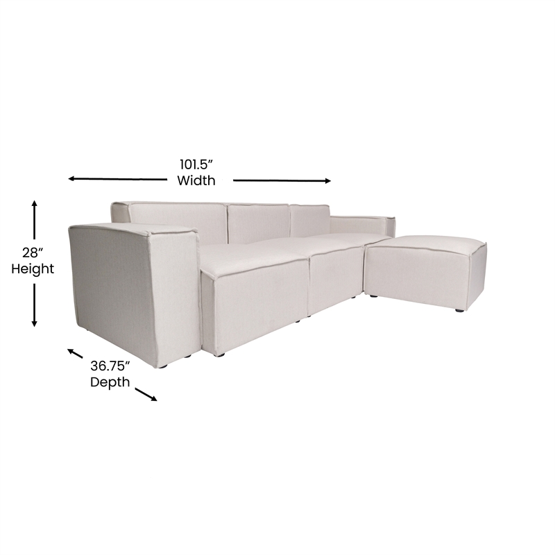 Contemporary 4 Piece Modular Sectional Sofa with Ottoman in Cream Fabric