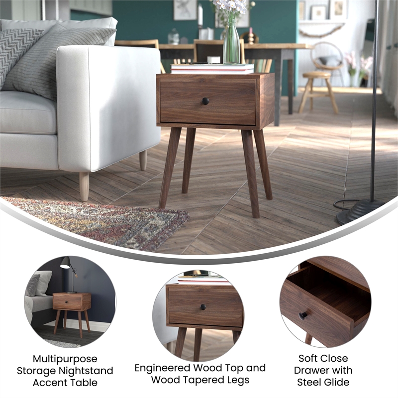 Mid-Century Modern Nightstand with Soft Close Storage Drawer - Dark Walnut