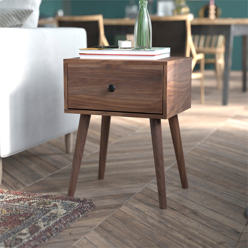 Mid-Century Modern Nightstand with Soft Close Storage Drawer - Dark Walnut
