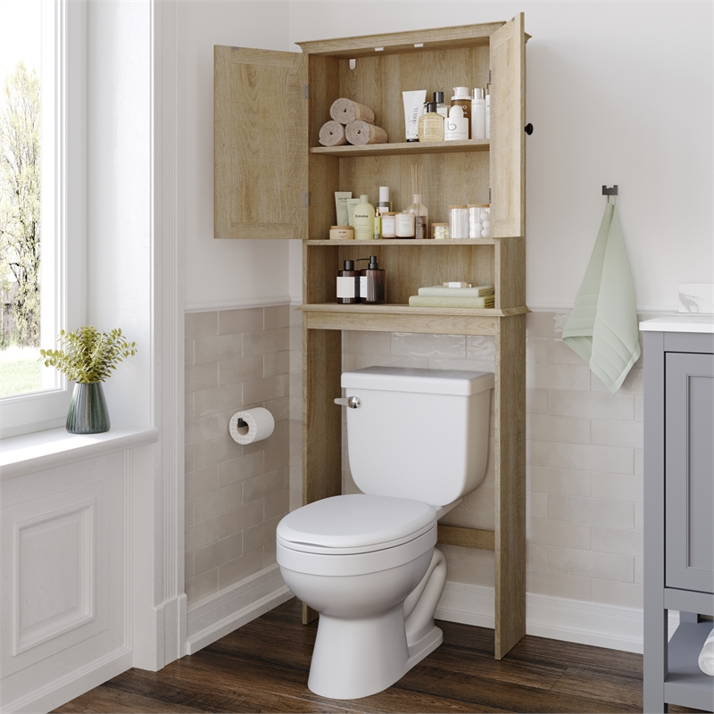 Farmhouse Over the Toilet Cabinet with Shelves and Magnetic Closure Doors-Brown