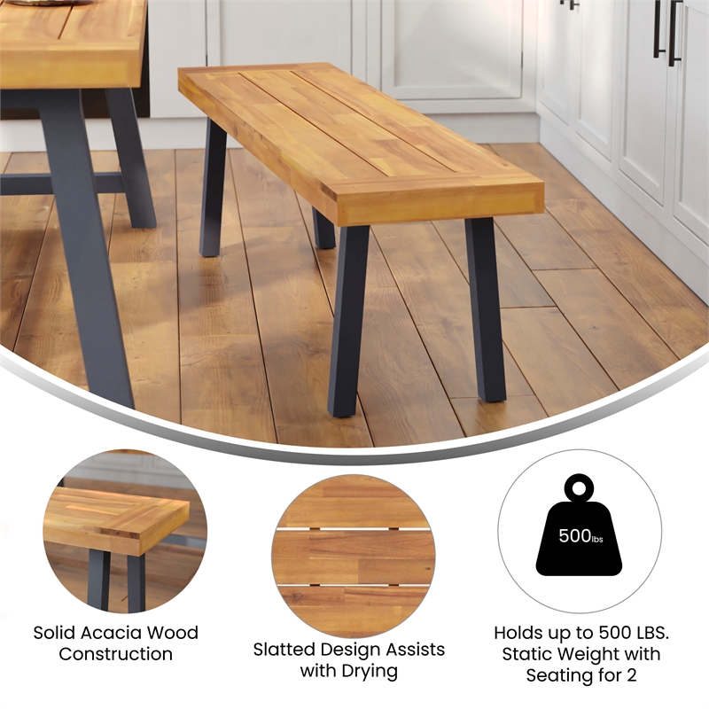 Indoor/Outdoor Solid Acacia Wood Slat Top Bench with Wood Legs - Natural/Gray