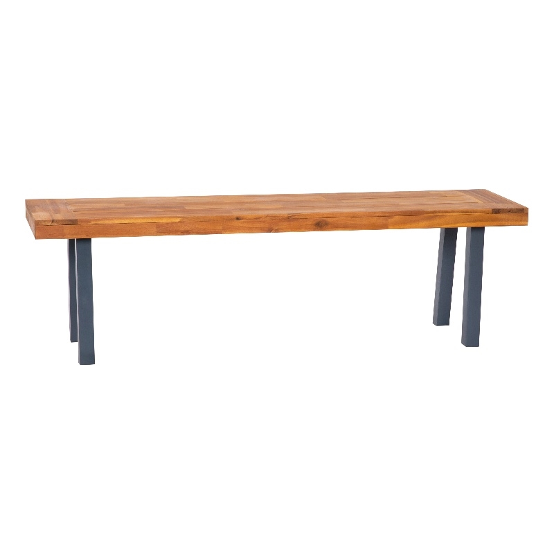 Indoor/Outdoor Solid Acacia Wood Slat Top Bench with Wood Legs - Natural/Gray