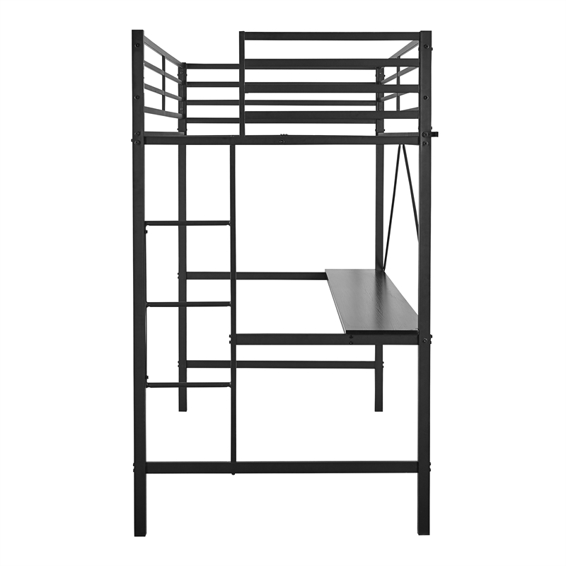 Sturdy Metal Loft Bed Frame in Black with Desk and Safety Rails - Twin