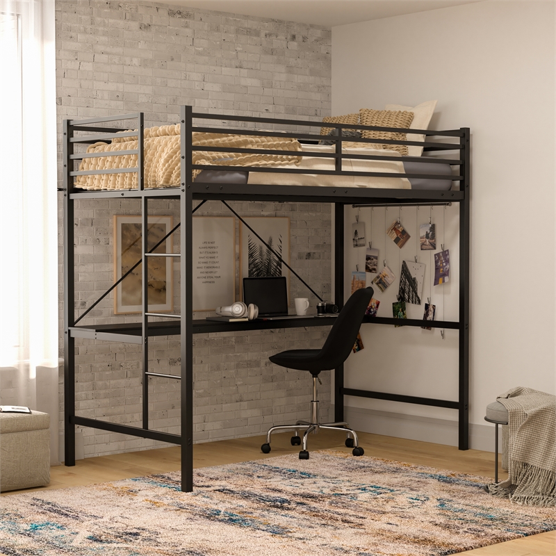 Sturdy Metal Loft Bed Frame in Black with Desk and Safety Rails - Twin