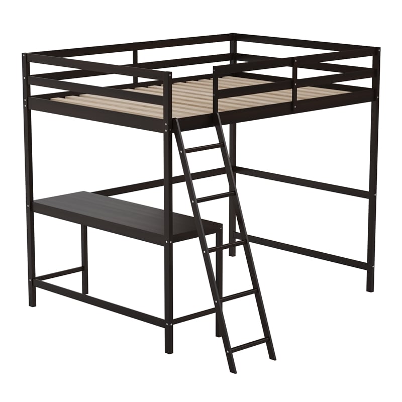 Full Size Traditional Wood Slat Loft Bed with Integrated Desk & Ladder-Espresso