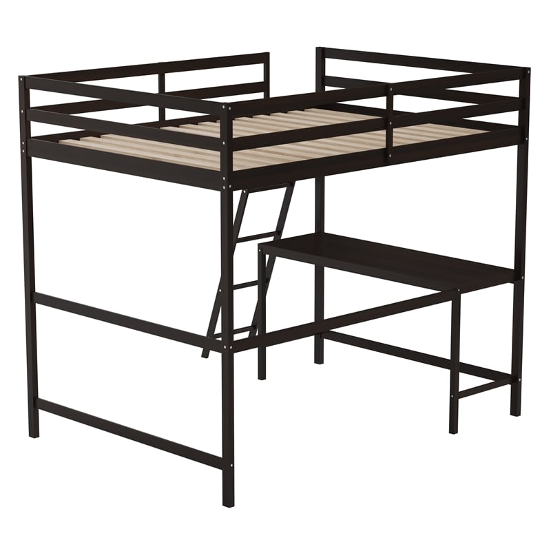 Full Size Traditional Wood Slat Loft Bed with Integrated Desk & Ladder-Espresso