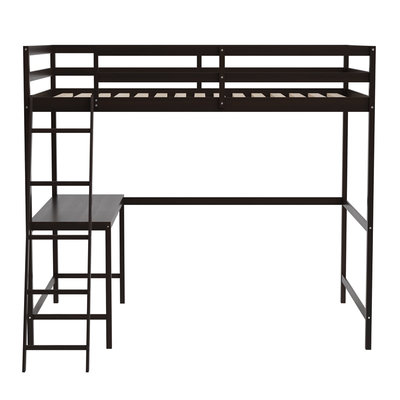 Full Size Traditional Wood Slat Loft Bed with Integrated Desk & Ladder-Espresso