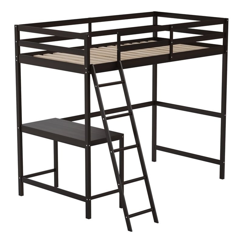 Twin Size Traditional Wood Slat Loft Bed with Integrated Desk & Ladder-Espresso