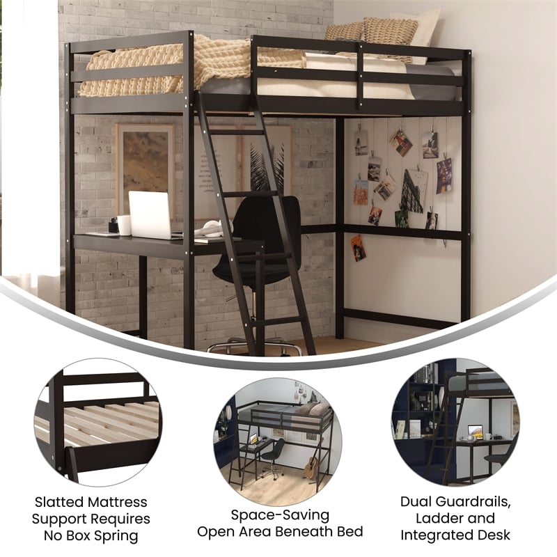 Twin Size Traditional Wood Slat Loft Bed with Integrated Desk & Ladder-Espresso