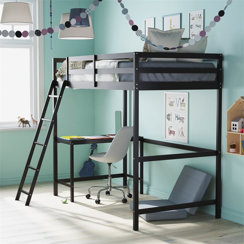 Twin Size Traditional Wood Slat Loft Bed with Integrated Desk & Ladder-Espresso