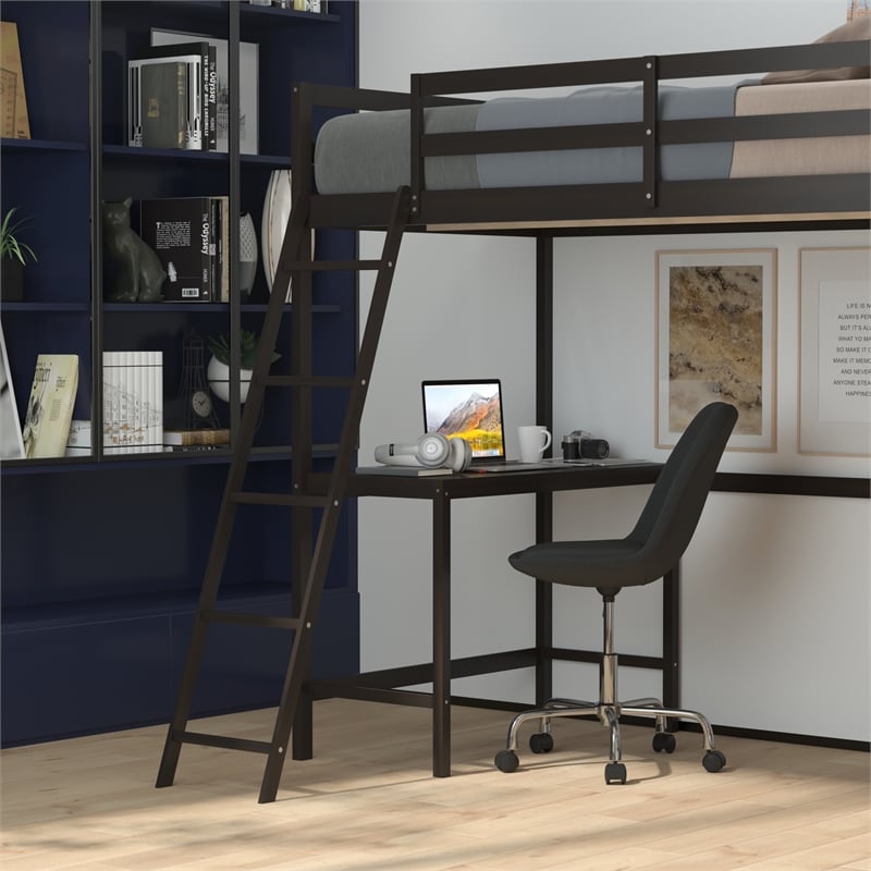 Twin Size Traditional Wood Slat Loft Bed with Integrated Desk & Ladder-Espresso