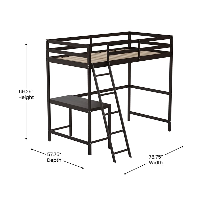 Twin Size Traditional Wood Slat Loft Bed with Integrated Desk & Ladder-Espresso