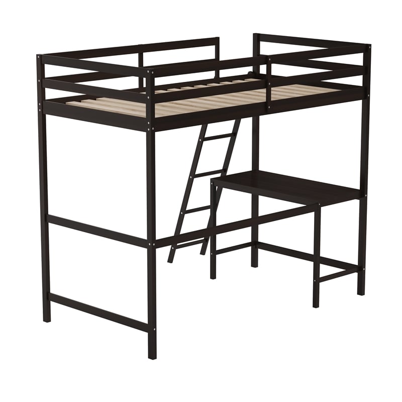 Twin Size Traditional Wood Slat Loft Bed with Integrated Desk & Ladder-Espresso