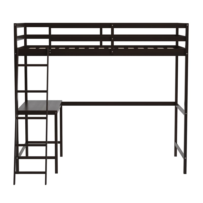 Twin Size Traditional Wood Slat Loft Bed with Integrated Desk & Ladder-Espresso