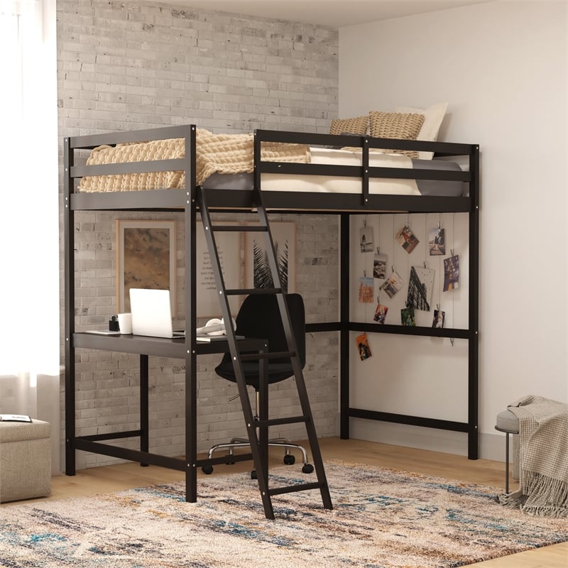 Twin Size Traditional Wood Slat Loft Bed with Integrated Desk & Ladder-Espresso
