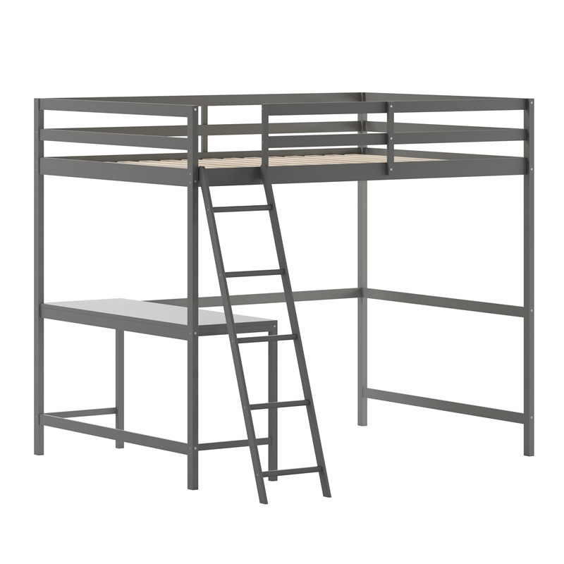 Full Size Traditional Wood Slat Loft Bed with Integrated Desk & Ladder-Lt Gray