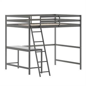 Full Size Traditional Wood Slat Loft Bed with Integrated Desk & Ladder-Lt Gray