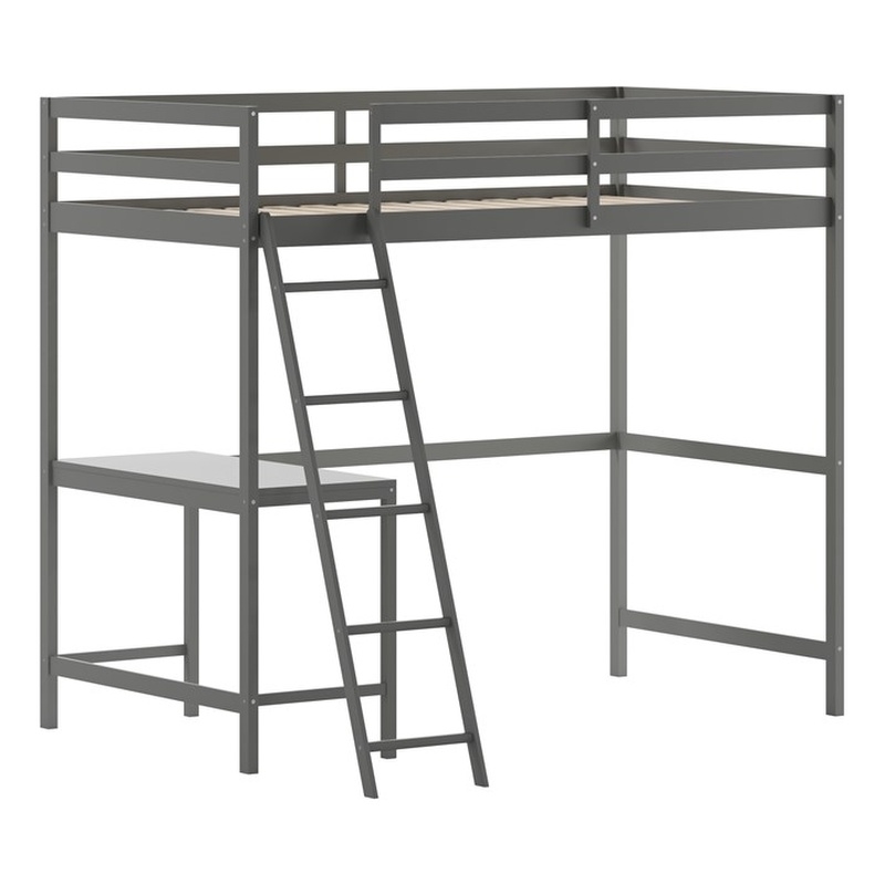 Twin Size Traditional Wood Slat Loft Bed with Integrated Desk & Ladder-Lt Gray