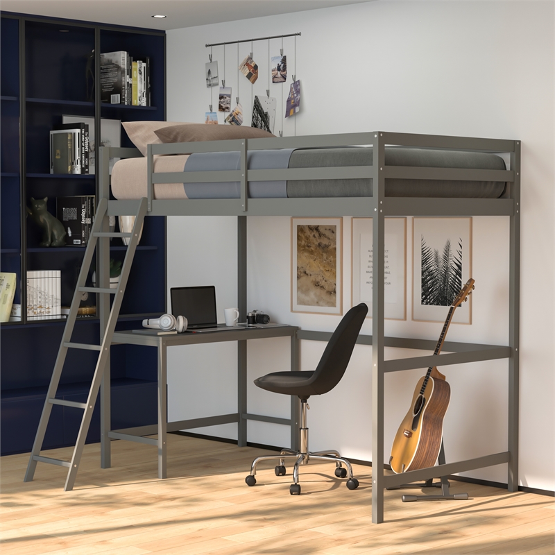 Twin Size Traditional Wood Slat Loft Bed with Integrated Desk & Ladder-Lt Gray