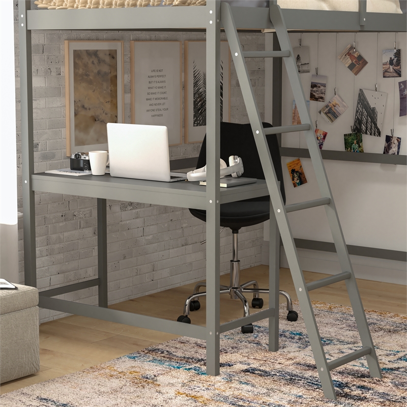 Twin Size Traditional Wood Slat Loft Bed with Integrated Desk & Ladder-Lt Gray