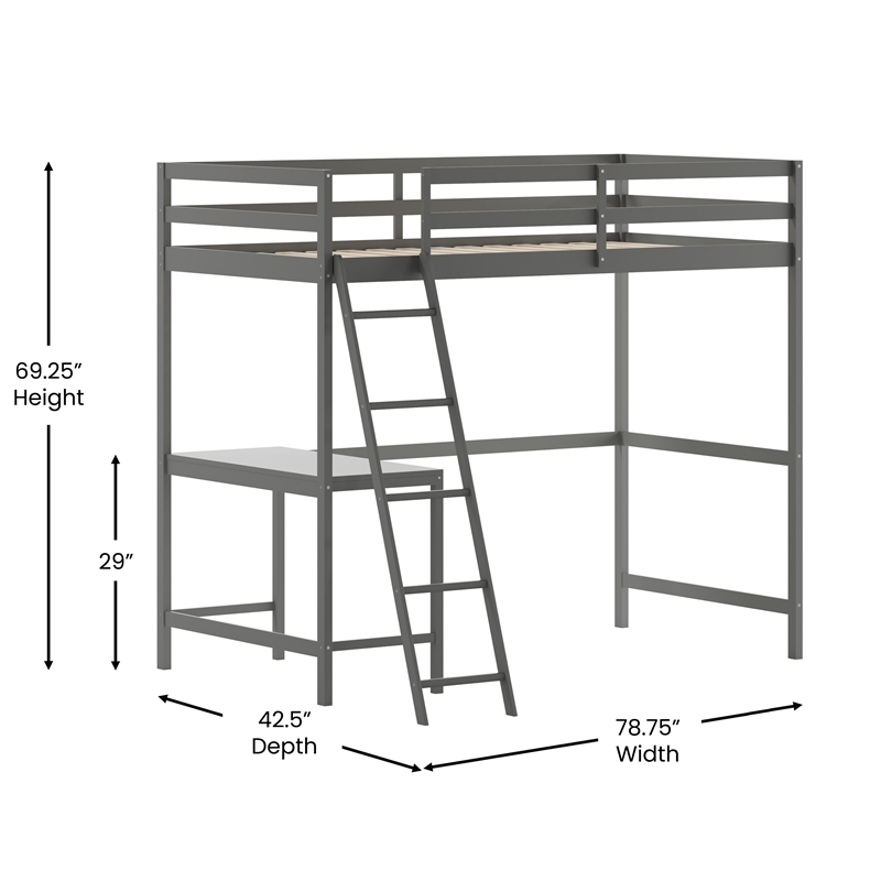 Twin Size Traditional Wood Slat Loft Bed with Integrated Desk & Ladder-Lt Gray