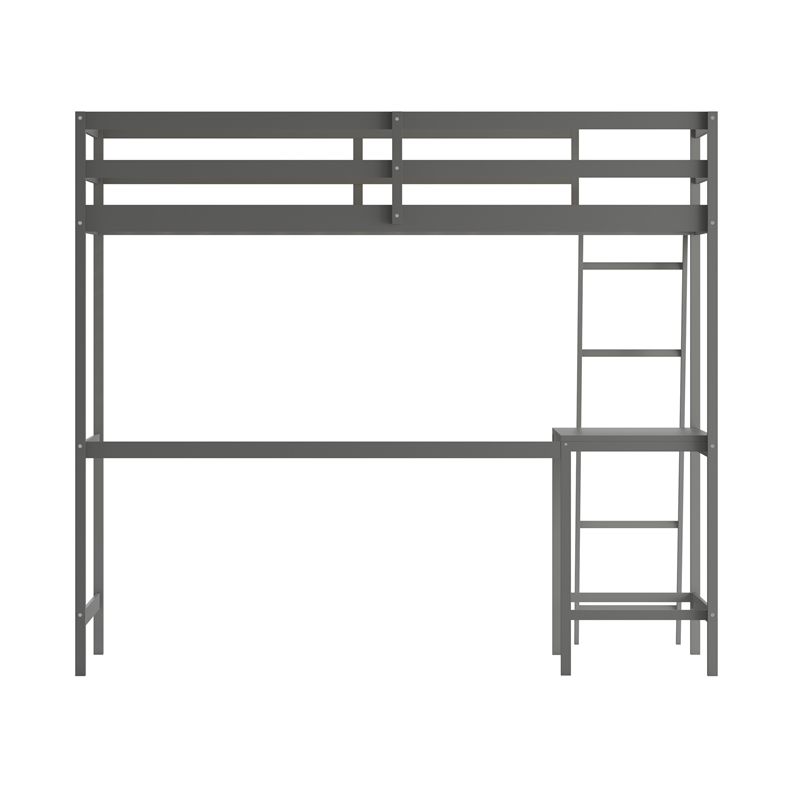 Twin Size Traditional Wood Slat Loft Bed with Integrated Desk & Ladder-Lt Gray