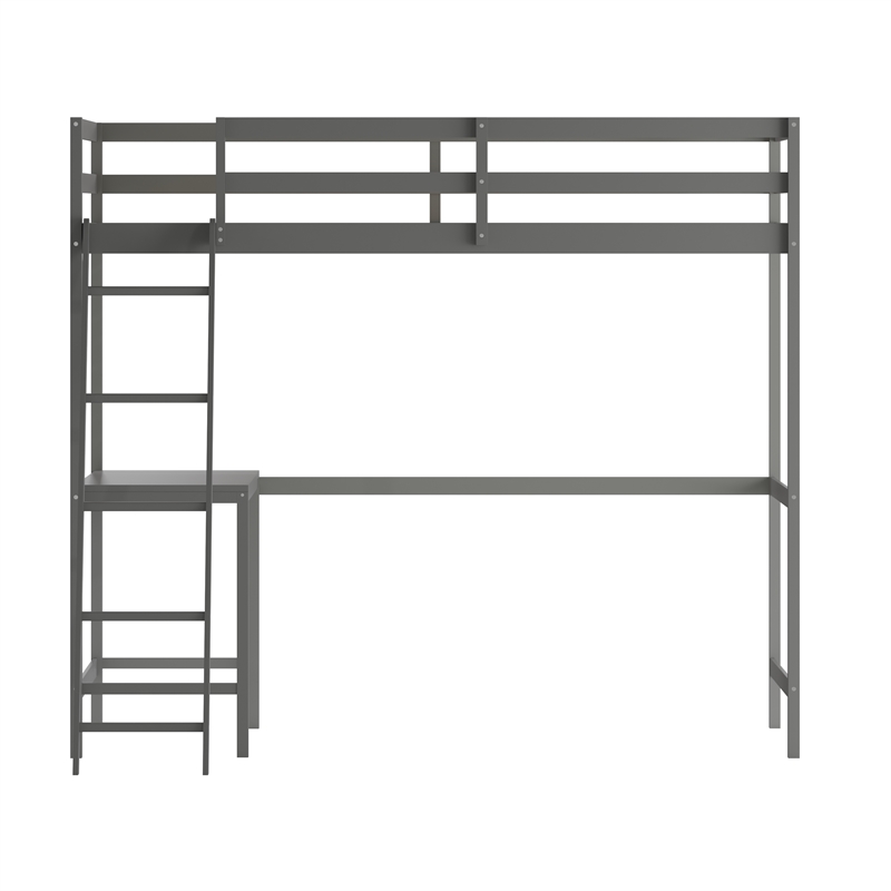 Twin Size Traditional Wood Slat Loft Bed with Integrated Desk & Ladder-Lt Gray