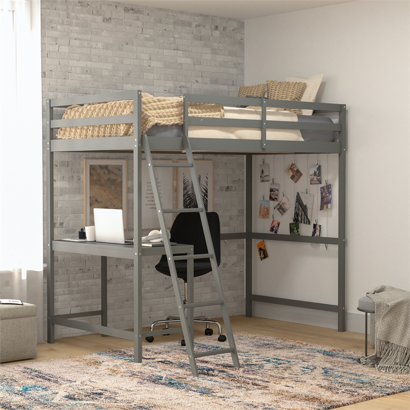 Twin Size Traditional Wood Slat Loft Bed with Integrated Desk & Ladder-Lt Gray