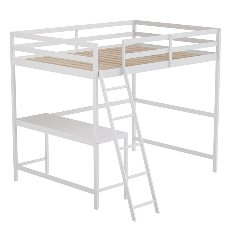 Full Size Traditional Wood Slat Loft Bed with Integrated Desk & Ladder-White