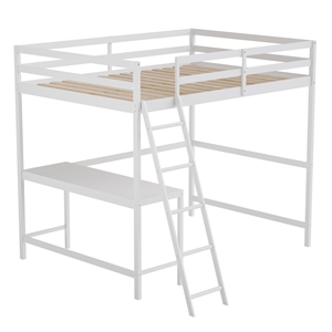 Full Size Traditional Wood Slat Loft Bed with Integrated Desk & Ladder-White