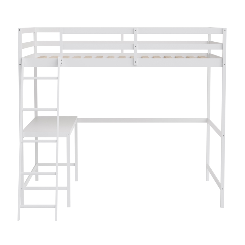 Full Size Traditional Wood Slat Loft Bed with Integrated Desk & Ladder-White