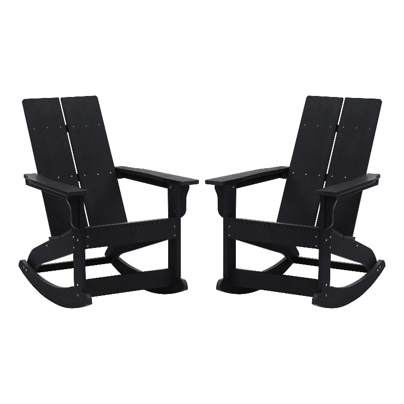 Indoor/Outdoor modern 2-Slat Adirondack Poly Resin Rockers in Black - Set of 2