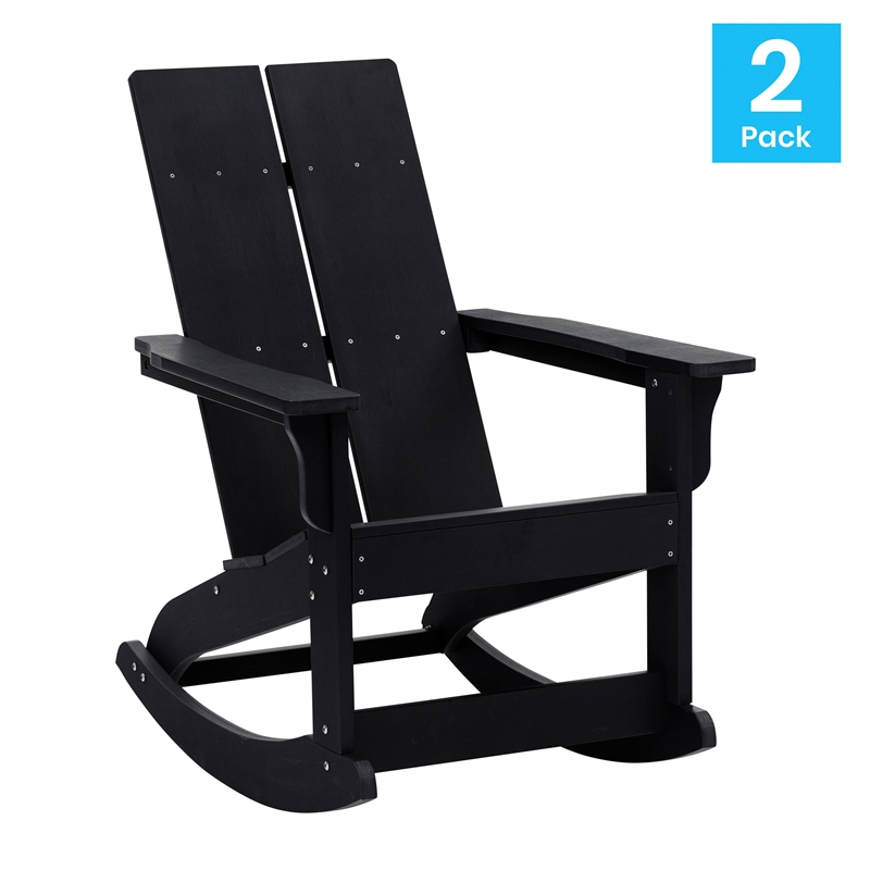 Indoor/Outdoor modern 2-Slat Adirondack Poly Resin Rockers in Black - Set of 2