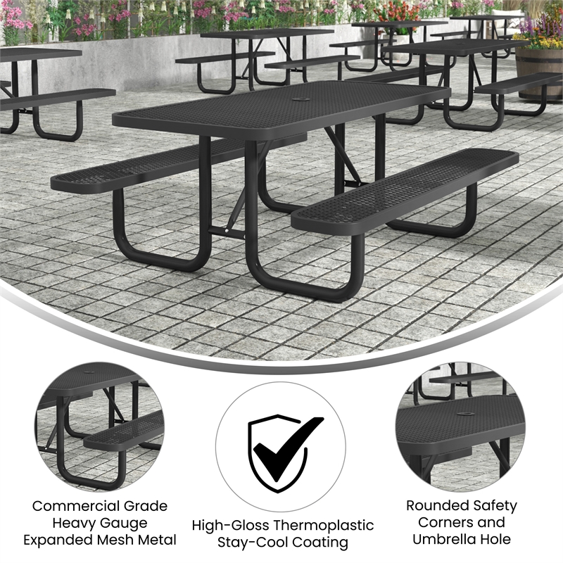 Commercial 6' Rectangular Expanded Mesh Metal Picnic Table with Anchors - Black