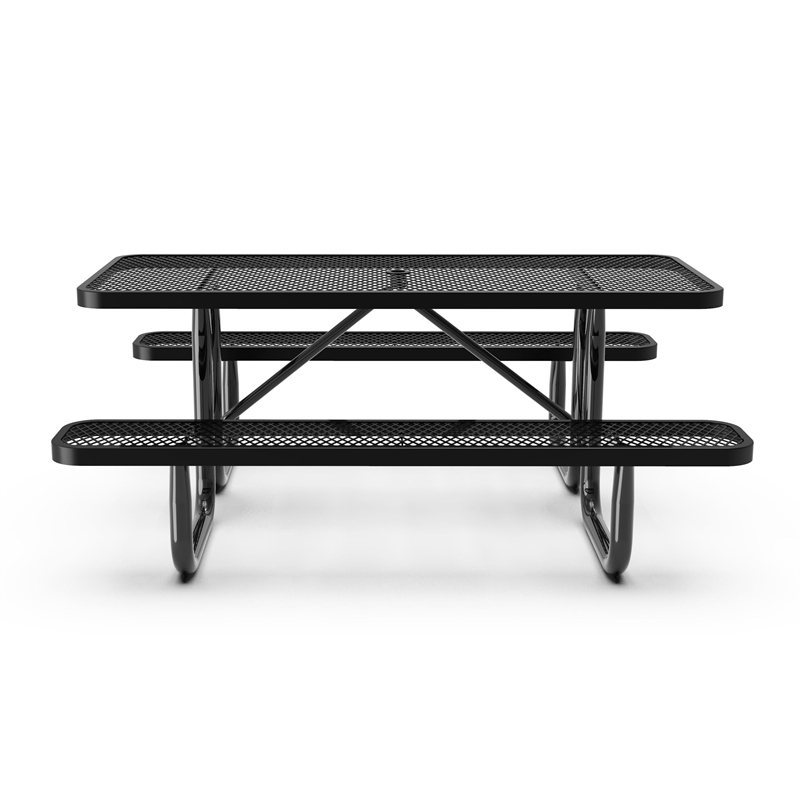 Commercial 6' Rectangular Expanded Mesh Metal Picnic Table with Anchors - Black