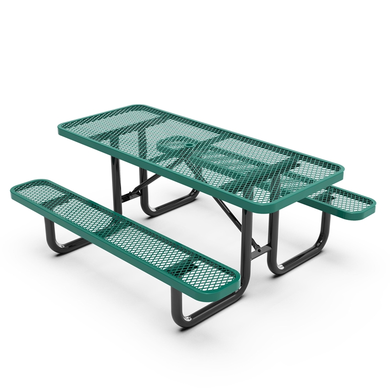 Commercial 6' Rectangular Expanded Mesh Metal Picnic Table with Anchors - Green