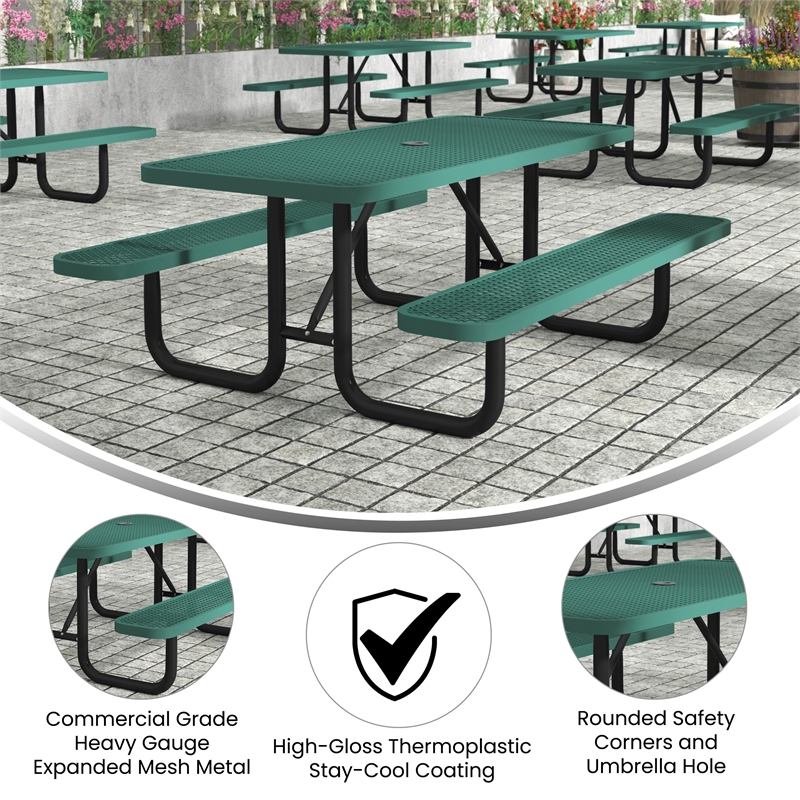 Commercial 6' Rectangular Expanded Mesh Metal Picnic Table with Anchors - Green