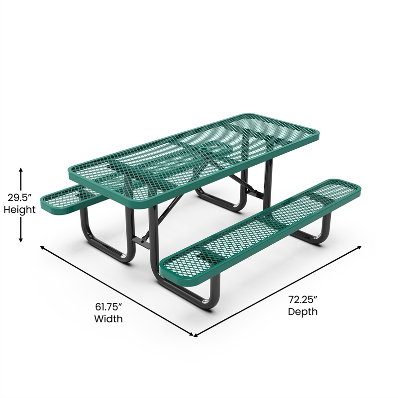 Commercial 6' Rectangular Expanded Mesh Metal Picnic Table with Anchors - Green