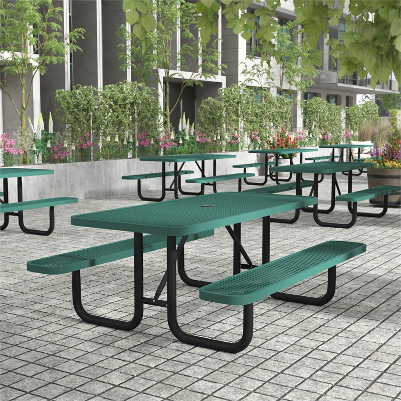 Commercial 6' Rectangular Expanded Mesh Metal Picnic Table with Anchors - Green
