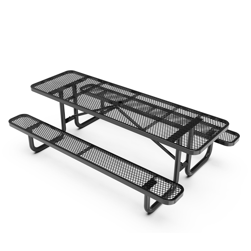 Commercial 8' Rectangular Expanded Mesh Metal Picnic Table with Anchors - Black